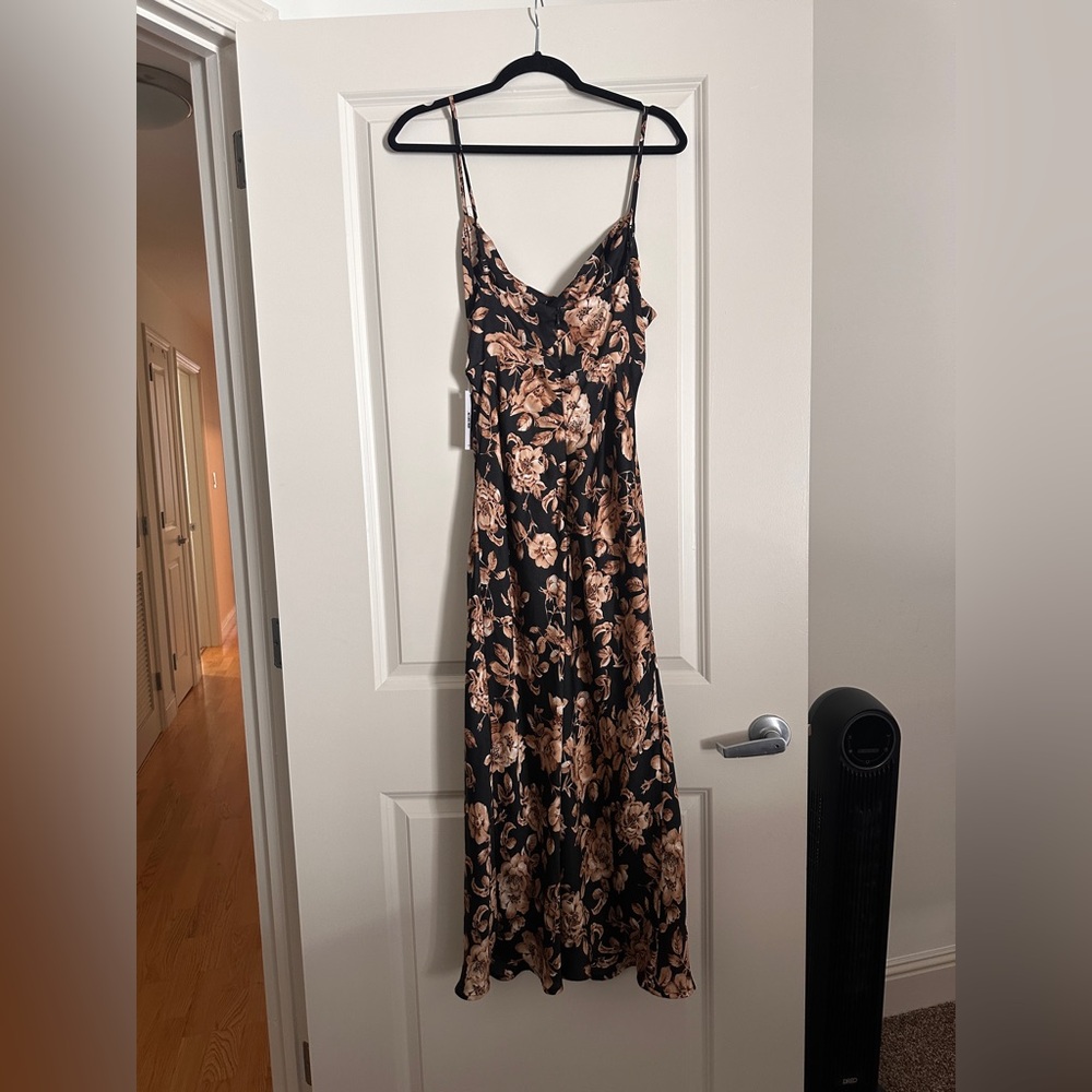 Petal & Pup Black Slip Midi Dress with Tan Rose Print